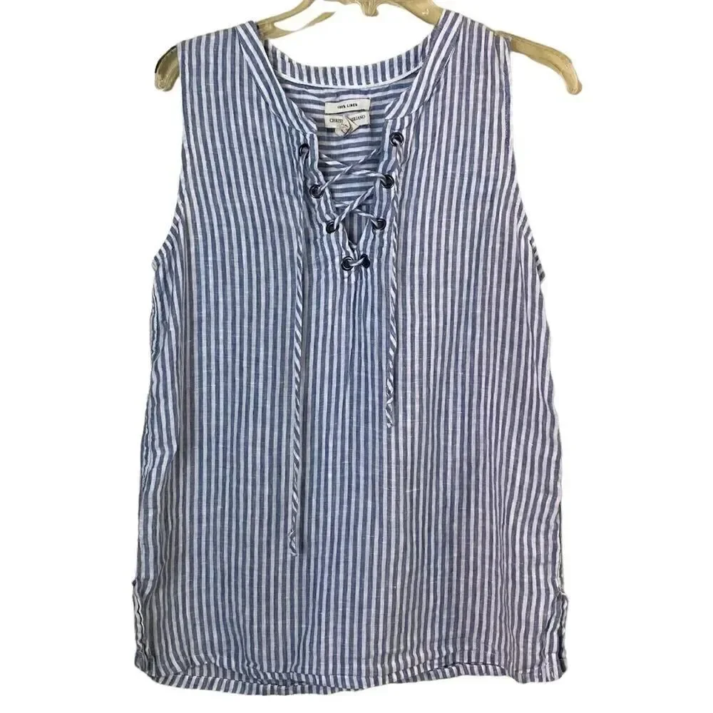 Christian Siriano Linen Striped Sleeveless Tunic Blouse Size Medium